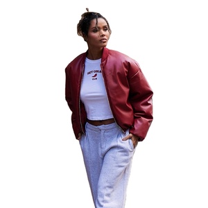 Chaqueta Corta de Cuero Tejida para Mujer, Estilo Bomber Roja, Impermeable y Transpirable - Product Image 1