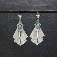 Boucles d'oreilles pendantes style Art Déco en nacre turquoise, en argent sterling massif 925, bijou tendance avec pierres précieuses, cadeau idéal