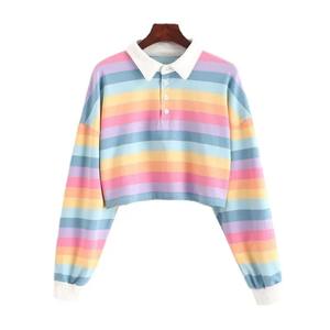 Women's <b>Cropped</b> Long Sleeve T-<b>Shirt</b> Top for <b>Polo</b> Collar Sweatshirt with Rainbow Stripe Tweed Style Knitted Breathable Top - Product Image 3