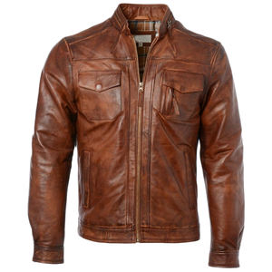 เสื้อแจ็กเก็ตบอมเบอร์หนังแท้มีสไตล์สำหรับผู้ชาย,เสื้อแจ็กเก็ตแฟชั่นกระเป๋าแต่งขอบ - Product Image 4