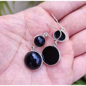 Boucles d'oreilles pendantes en argent sterling 925, onyx noir double, forme de boule, bijoux faits à la main, cadeau pierre de naissance de juillet, onyx noir double - Product Image 6