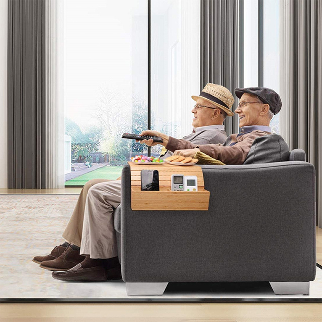 Bamboo Couch Arm Table Flexible Foldable Couch Cup Holder Perfect for Drinks Snacks Arm Rest Table with Pockets