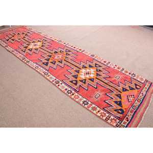 Turkish <b>Runner</b> Rug 3.2x12.6 ft, Vintage Herki <b>Red</b> Polka dot Wool Rug - Product Image 3