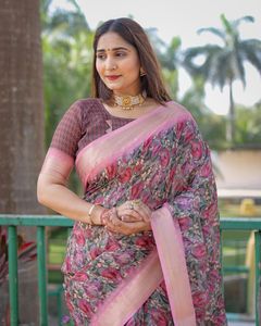 Nuevo diseñador Heavy Linen Digital Impreso con Golden Jacquard Border Colección de Fancy Silk Sari para ropa India pakistaní - Product Image 3