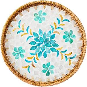 Plateau de service en rotin tissé décoratif OEM ODM Boho avec incrustation de nacre pour décoration de table basse ou plateau en osier - Product Image 6