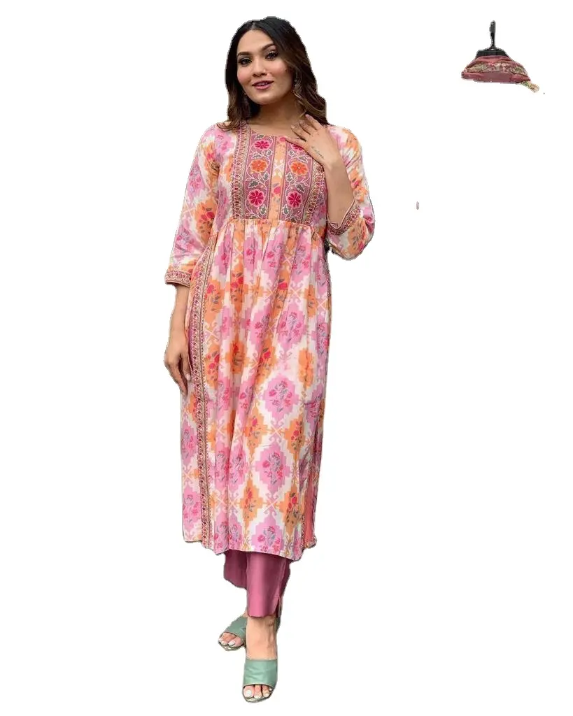 Ramzan Especial Rosa Colorido Designer Longo Comprimento Tradicional Indiano Moda Corte Trabalho Kurti Com Calças
