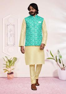 ผู้ผลิตอินเดียปาร์ตี้สวมผ้าไหมออกแบบ Sadi พิเศษผู้ชายแบบดั้งเดิมและหนัก Kurta พร้อมชุดนอนและเสื้อแจ็คเก็ตโคติขายส่ง - Product Image 4