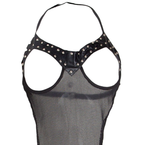 Leather & Net Open Crotch Body One Size Erotic Lingerie Women Fetish Mesh Panel <b>Bondage</b> Style Sexy Bodysuit - Product Image 5