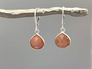 Peach Moonstone <b>Dangle</b> Sterling Silver Teardrop Lever Back Minimalist Dangly <b>Earrings</b> Handmade Moonstone Jewelry Gift for Wife - Product Image 1