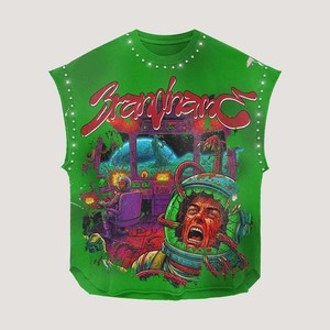 Camiseta 100% algodón para hombre, corte holgado, estampada, sin mangas, 240 GSM, color rojo, con estampado gráfico vintage de diamantes de imitación, personalizada. - Product Image 2
