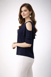 Blusa Elegante de Moda para Mujer Shoryam, Azul, con Hombros Descubiertos y Volantes, Estilo Formal, Diseño Sólido, Camiseta de Crepé de Secado Rápido - Product Image 2