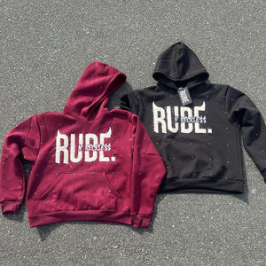 Sweat à capuche en molleton lourd légèrement surdimensionné, vintage, délavé, imprimé avec des strass sur toute la surface, broderie, taille plus - Product Image 1