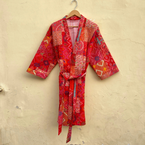 Handmade Cotton Sari Kantha Coat Vintage Style Long Patchwork Jacket Embroidered Print Design <b>Double</b> Breasted Knitted Breathable - Product Image 1