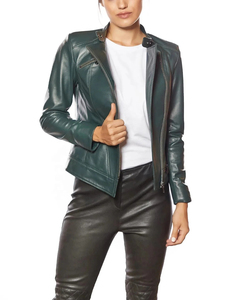Blouson de motard en cuir véritable pour femme, sur mesure OEM, vert foncé, col montant, fermeture éclair asymétrique, coupe ajustée, en peau de mouton - Product Image 3