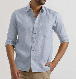 Camisa de Lino y Algodón para Hombre, Estilo Casual, Verano 2024, Manga Larga, Azul Claro, Cuello Clásico, Un Solo Botón, Tinte Liso, Antiencogimiento - Product Image 3