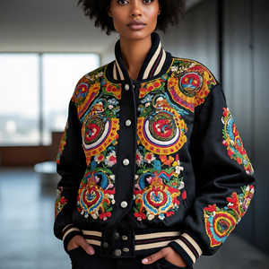 Chaqueta universitaria bordada de manga de cuero de Invierno para mujer, chaqueta universitaria de béisbol con cuello redondo transpirable 100% de lana recortada para mujer - Product Image 6