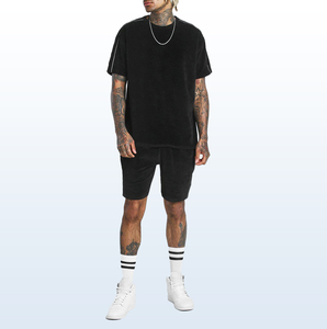Lujo Hip Hop verano hombres más nuevo Street Wear Piping 3M pantalones cortos conjuntos Vintage Oversized Velour Shorts camiseta conjuntos para hombres - Product Image 4