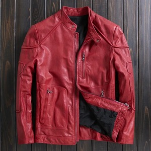 Men's Trendy <b>Vegetable</b> Tanned Sheepskin Jacket Real Leather with Canvas <b>Stand</b> Collar Motorcycle Coat - Product Image 4