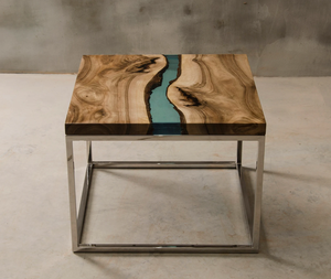 Table carrée en résine moderne de luxe pour la salle à manger avec plateau en bois d'acacia massif, design élégant de rivière, boîte de rangement pour vaisselle multifonctionnelle - Product Image 3