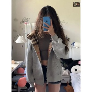 2024 printemps automne nouveauté américain Vintage Plaid sweat à capuche Cardigan surdimensionné Style inactif sans manches femmes veste - Product Image 1