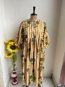 Maxi vestido de algodón con estampado floral de bloque de mano, vestido largo bohemio de manga larga de globo, traje de vacaciones de playa con estampado de bloque indio hecho a mano - Product Image 2