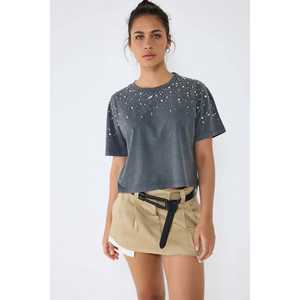 Camiseta Corta 100% Algodón con Bordado de Piedras, Transpirable, Estilo Urbano, Corte Regular, Disponible en Tallas XS, XXS y Talla Única - Product Image 1