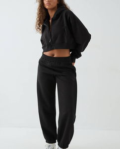 In Stock Plain Black Female Cropped Active Matching Set Eco Friendly High Waist Hot <b>Sexy</b> Pattern Splicing Hooded Joggers Set - Product Image 4