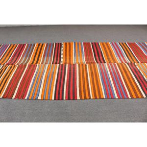 Alfombra Turca Kilim de 5.1x13.4 pies, Alfombra Vintage de Lana con Diseño de Cuadros Naranja - Product Image 3