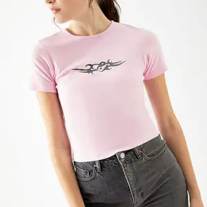 Camisetas de punto rosa para mujer, tops con estampado personalizado, blusa de cuello redondo, std0856, verano 2023