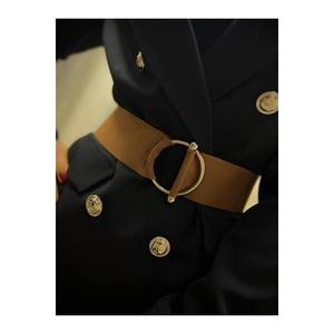 Women's <b>Elastic</b> <b>Belt</b> with Double Ring and Barbell Buckle, Suitable for Jackets, Shirts, and Dresses. - BLACK-TAN - Product Image 3