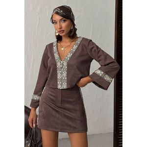 Topshow Women's <b>Strip</b> Detailed Scuba Suede Zippered Jacket - Brown, Stylish and Comfortable Outerwear for Everyday Wear - Product Image 2