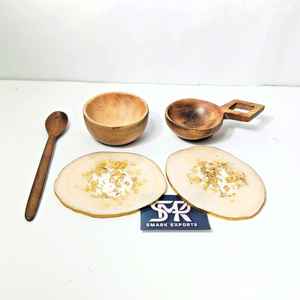 Premium 5-Piece <b>Wooden</b> Bowl and <b>Spoon</b> <b>Set</b> with 2 Resin Coasters by ArtisanHome Elegant Handcrafted Kitchen and Dining Ensemble - Product Image 1