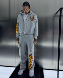 Ensemble de jogging personnalisé pour hommes, survêtement vintage en coton délavé à l'acide, pantalon de survêtement évasé avec broderie et appliques, ensemble de sweat à capuche zippé - Product Image 3