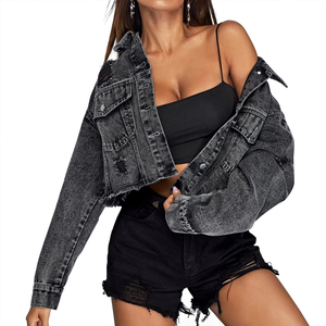 Chaqueta vaquera corta de mujer de color elegante con logotipo personalizado impreso en MOQ bajo Nueva llegada chaqueta vaquera corta de manga larga para mujer - Product Image 1