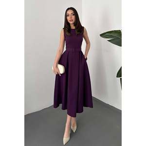 <b>Purple</b> Solid <b>Halter</b> <b>Neck</b> Natural Waist Midi Flared <b>Dress</b> - Product Image 2