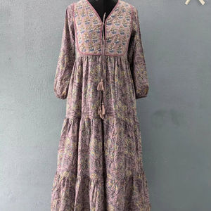 เดรสผ้าฝ้ายระบายอากาศแต่งพู่พร้อมลายดอกไม้เดรสลำลองพิมพ์ลายดอกไม้มีกระดุมพิมพ์ลายของขวัญสำหรับเธอ! - Product Image 1