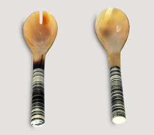 Luxury Handcrafted Natural Horn And Bone Salad Server Set With Unique <b>Ringed</b> Textured Bone Handles Large Mixing <b>Spoon</b> And - Product Image 3
