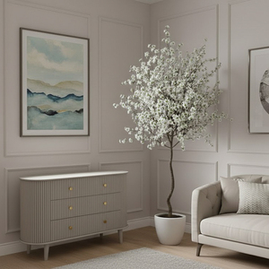 Armoire de salon et de salle à manger moderne en bois de caoutchouc MDF avec 2 tiroirs, design à panneaux surélevés, durable et écologique, garantie 1 an - Product Image 6