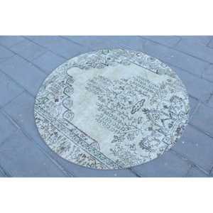 Alfombra Turca Redonda de 4.8x4.8 pies, Alfombra de Lana con Puntos Azules y Grises - Product Image 2