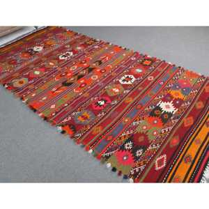 4.7x10.7 ft Rug, Vintage Turkish Large Rug, <b>Red</b> Kilim <b>Wool</b> Rug - Product Image 1
