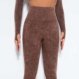 Mujeres ácido lavado Fitness gimnasio ropa cintura media transpirable Spandex/poliéster mallas sin costuras impresión personalizada pantalones de secado rápido - Product Image 6