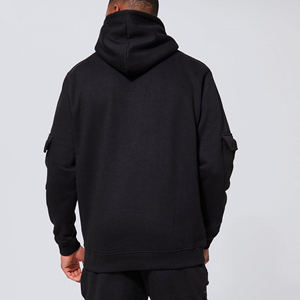 Sweat-shirt noir à capuche en coton décontracté unisexe, sweat-shirt à capuche épais et confortable avec poches cargo personnalisées, sweats à capuche de style de rue vendus en gros - Product Image 5