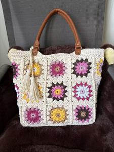 Crochet Rope Braided Tassel <b>Square</b> Sunflower Pattern Red Handbag with Polyester Lining Woven Design - Product Image 5