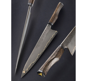 มีดเชฟสั่งทำขายส่งแบบ OEM ODM ใบมีดเหล็กกล้าคาร์บอน ด้ามไม้ธรรมชาติลายทองเหลือง พร้อมปลอกหนัง - Product Image 6