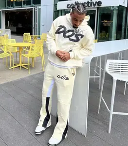 Chándal de algodón con capucha para hombre, conjunto de pantalones de chándal con logotipo personalizado, forro polar de dos piezas, Sudadera con capucha, pantalones acampanados - Product Image 2