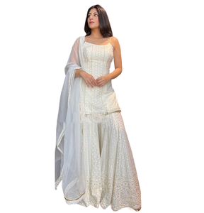 Conjunto de Kurti Sharara Gharara Bordado de Diseñador Pakistaní, Tela Georgette Hermosa, Ropa Étnica Personalizable, Salwar Kameez - Product Image 1