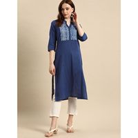 Robe décontractée élégante et tendance pour femme, en coton tissé 100 %, bleu ethnique, manches 3/4, silhouette droite, respirante, idéale pour le bureau ou les soirées.