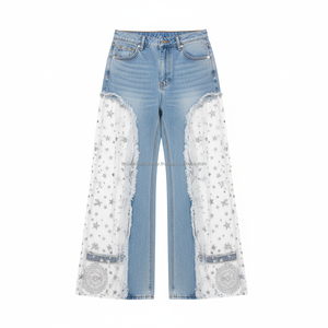 Pantalones Acampanados de Mezclilla Y2K para Mujer, Casuales, Transpirables, con Lentejuelas de Estrellas, Malla y Parches, de Cintura Alta, Lavado de Color, con Tul Transparente, Estilo Urbano - Product Image 4