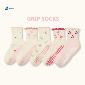 Calcetines de Pilates de Algodón Rosa Bebé con Agarre, Lindos Lazos, Diseño de Tulipán, Cereza, Mini Corazón, Antideslizantes, para Mujer, Uso Diario, Venta al por Mayor - Product Image 1