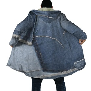 Manteau d'hiver décontracté unisexe avec poche denim vintage Cape chaude en laine imprimée en 3D Nouvelle saison Vestes à col rond pour hommes - Product Image 1
